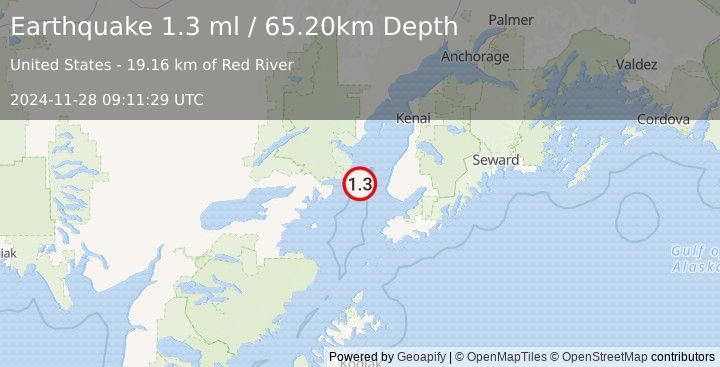 Earthquake 34 km W of Anchor Point, Alaska (1.3 ml) (2024-11-28 09:11:29 UTC)