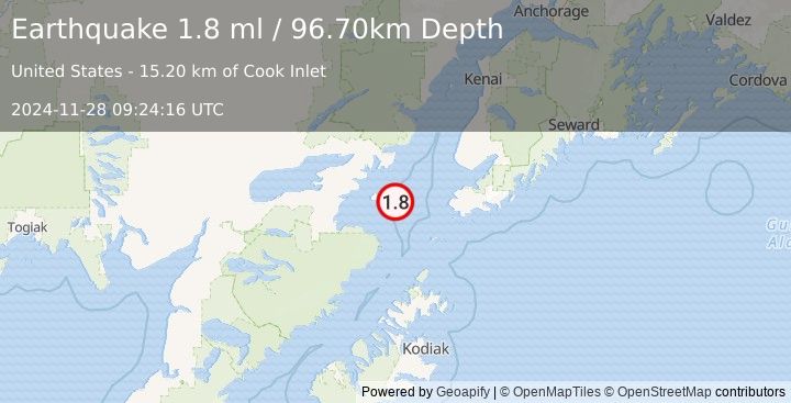 Earthquake 62 km W of Nanwalek, Alaska (1.8 ml) (2024-11-28 09:24:16 UTC)