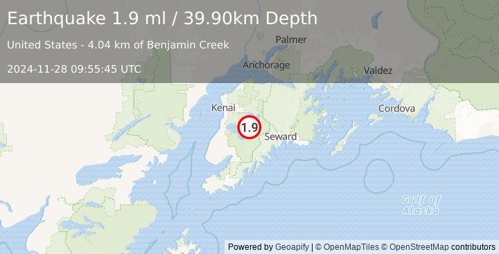 Earthquake 33 km SSE of Funny River, Alaska (1.9 ml) (2024-11-28 09:55:45 UTC)