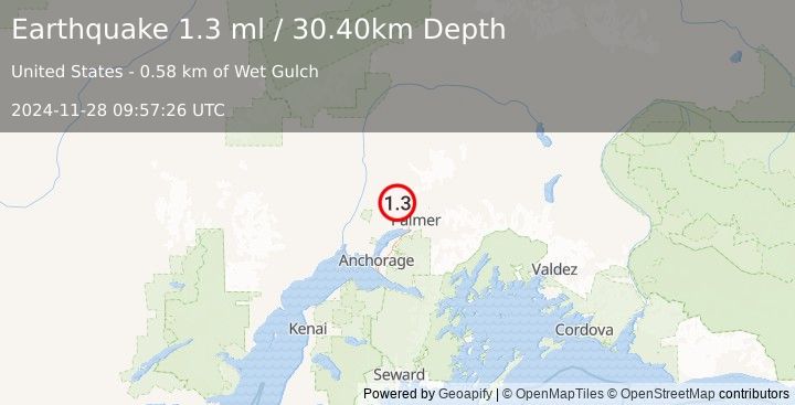 Earthquake 12 km W of Fishhook, Alaska (1.3 ml) (2024-11-28 09:57:26 UTC)