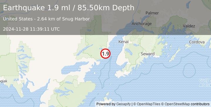 Earthquake 52 km WNW of Happy Valley, Alaska (1.9 ml) (2024-11-28 11:39:11 UTC)