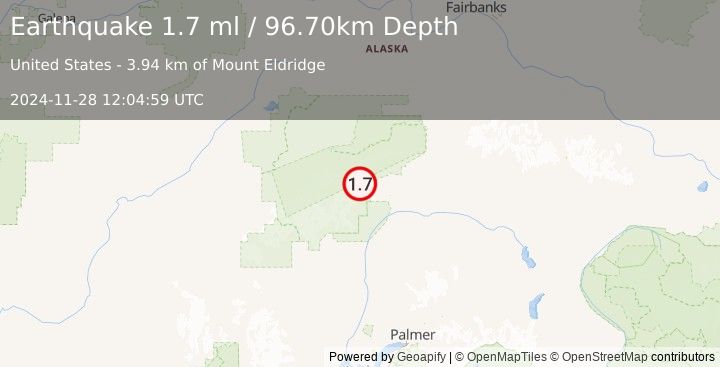 Earthquake 72 km WSW of Cantwell, Alaska (1.7 ml) (2024-11-28 12:04:59 UTC)