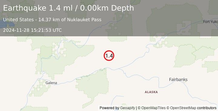 Earthquake 53 km NW of Tanana, Alaska (1.4 ml) (2024-11-28 15:21:53 UTC)