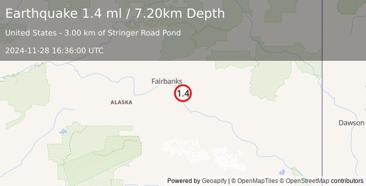 Earthquake 5 km SSE of Eielson Air Force Base, Alaska (1.4 ml) (2024-11-28 16:36:00 UTC)