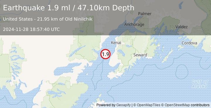 Earthquake 23 km WNW of Ninilchik, Alaska (1.9 ml) (2024-11-28 18:57:40 UTC)