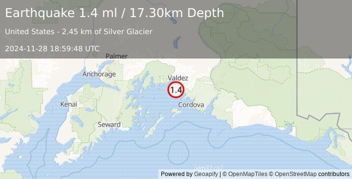 Earthquake 13 km E of Tatitlek, Alaska (1.4 ml) (2024-11-28 18:59:48 UTC)