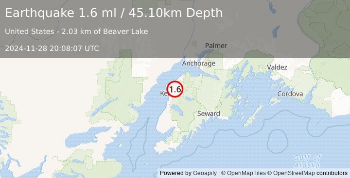 Earthquake 14 km NNE of Ridgeway, Alaska (1.6 ml) (2024-11-28 20:08:07 UTC)