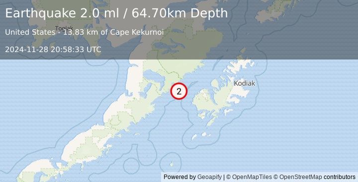 Earthquake 50 km W of Karluk, Alaska (2.0 ml) (2024-11-28 20:58:33 UTC)