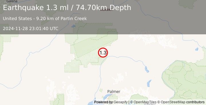 Earthquake 60 km N of Chase, Alaska (1.3 ml) (2024-11-28 23:01:40 UTC)