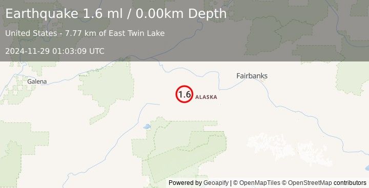 Earthquake 55 km S of Manley Hot Springs, Alaska (1.6 ml) (2024-11-29 01:03:09 UTC)