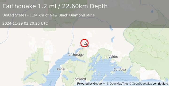 Earthquake 3 km NE of Buffalo Soapstone, Alaska (1.2 ml) (2024-11-29 02:20:26 UTC)