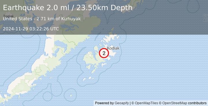 Earthquake 28 km WSW of Womens Bay, Alaska (2.0 ml) (2024-11-29 03:22:26 UTC)