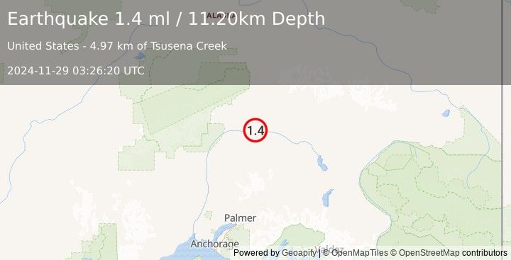 Earthquake 60 km SSE of Cantwell, Alaska (1.4 ml) (2024-11-29 03:26:20 UTC)