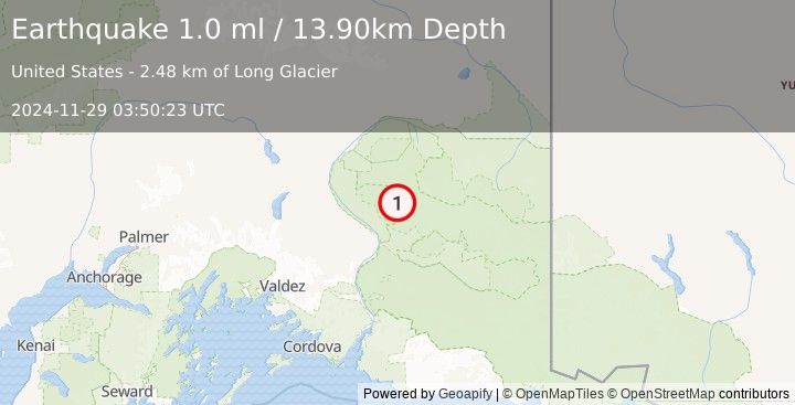 Earthquake 49 km NNE of Chitina, Alaska (1.0 ml) (2024-11-29 03:50:23 UTC)