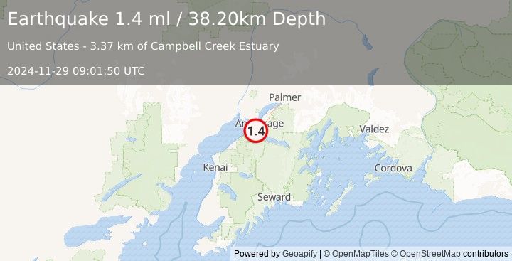 Earthquake 13 km SSW of Anchorage, Alaska (1.4 ml) (2024-11-29 09:01:50 UTC)