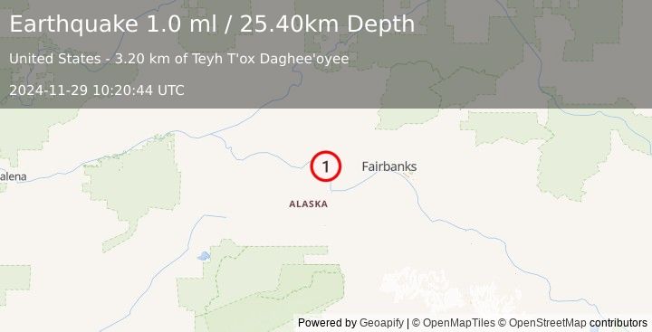 Earthquake 26 km NNW of Four Mile Road, Alaska (1.0 ml) (2024-11-29 10:20:44 UTC)