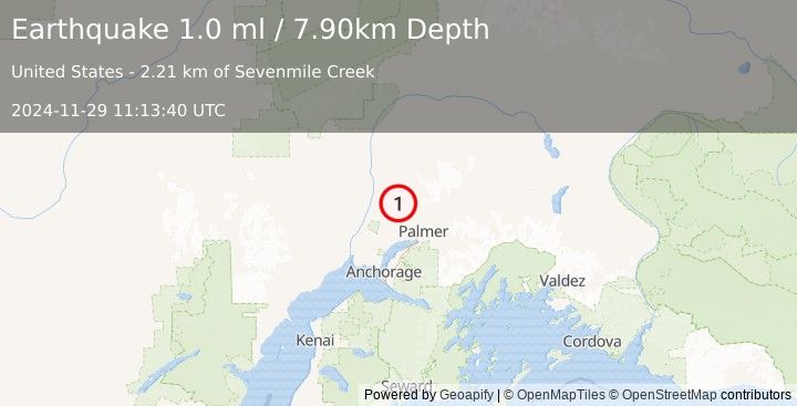 Earthquake 23 km NW of Fishhook, Alaska (1.0 ml) (2024-11-29 11:13:40 UTC)