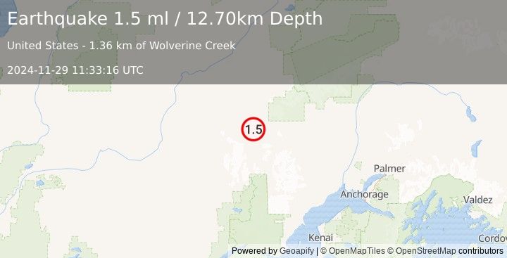 Earthquake 104 km W of Skwentna, Alaska (1.5 ml) (2024-11-29 11:33:16 UTC)