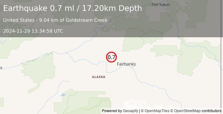 Earthquake 29 km ESE of Minto, Alaska (0.7 ml) (2024-11-29 13:34:58 UTC)