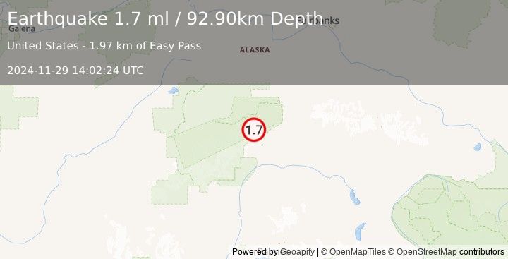 Earthquake 37 km W of Cantwell, Alaska (1.7 ml) (2024-11-29 14:02:24 UTC)