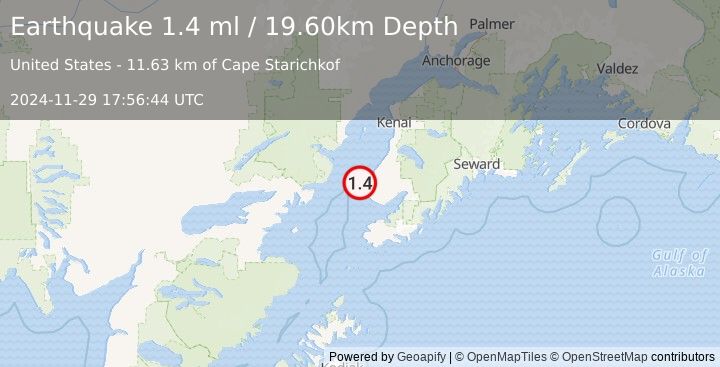 Earthquake 15 km NW of Anchor Point, Alaska (1.4 ml) (2024-11-29 17:56:44 UTC)