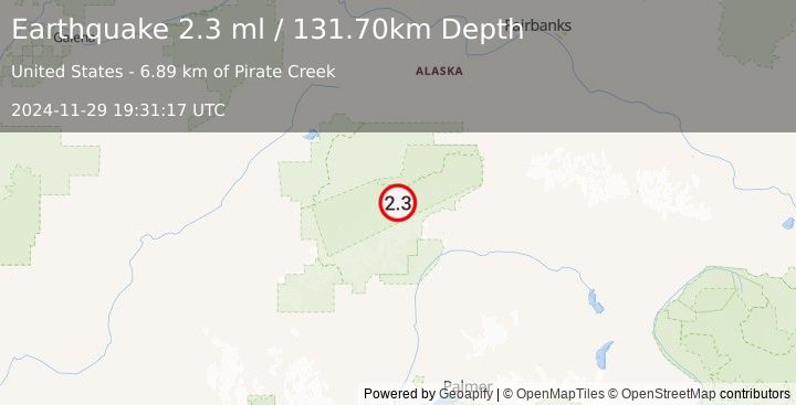 Earthquake 67 km ESE of Denali National Park, Alaska (2.3 ml) (2024-11-29 19:31:17 UTC)