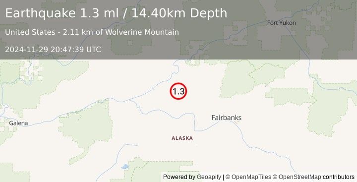 Earthquake 24 km SE of Rampart, Alaska (1.3 ml) (2024-11-29 20:47:39 UTC)