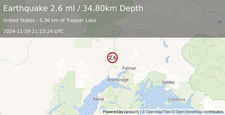 Earthquake 26 km NNW of Willow, Alaska (2.6 ml) (2024-11-29 21:23:24 UTC)