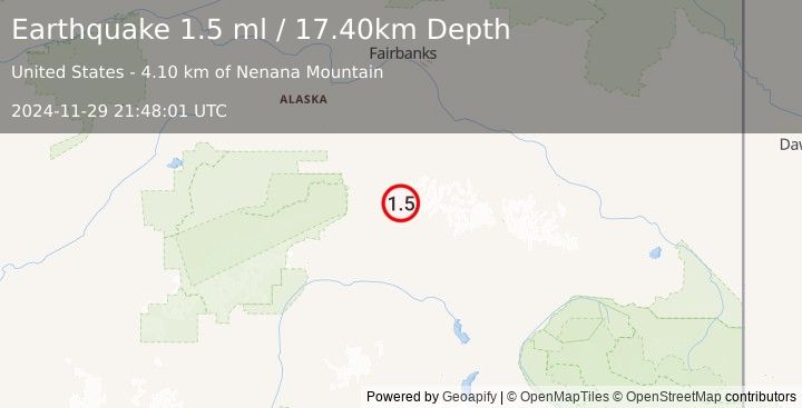 Earthquake 61 km ESE of Denali Park, Alaska (1.5 ml) (2024-11-29 21:48:01 UTC)