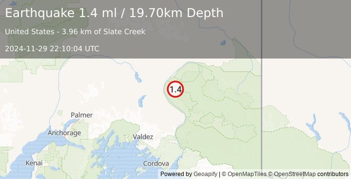 Earthquake 27 km ENE of Silver Springs, Alaska (1.4 ml) (2024-11-29 22:10:04 UTC)