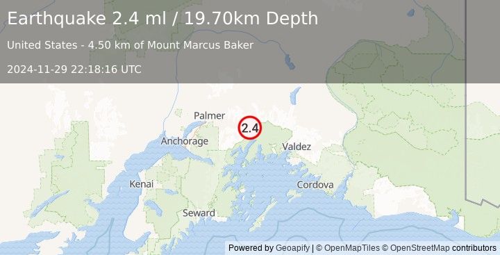 Earthquake 44 km SSW of Glacier View, Alaska (2.4 ml) (2024-11-29 22:18:16 UTC)