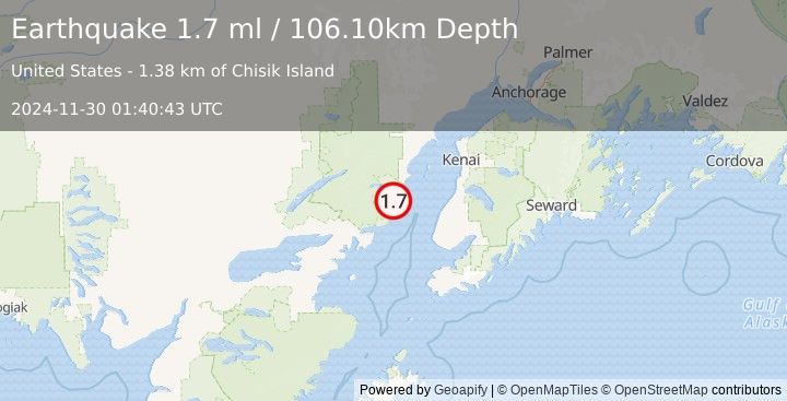 Earthquake 53 km W of Ninilchik, Alaska (1.7 ml) (2024-11-30 01:40:43 UTC)