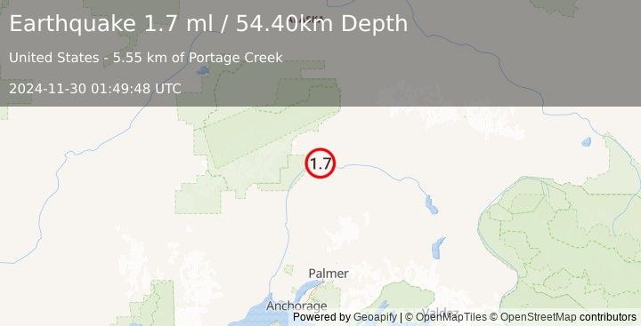 Earthquake 61 km SSW of Cantwell, Alaska (1.7 ml) (2024-11-30 01:49:48 UTC)