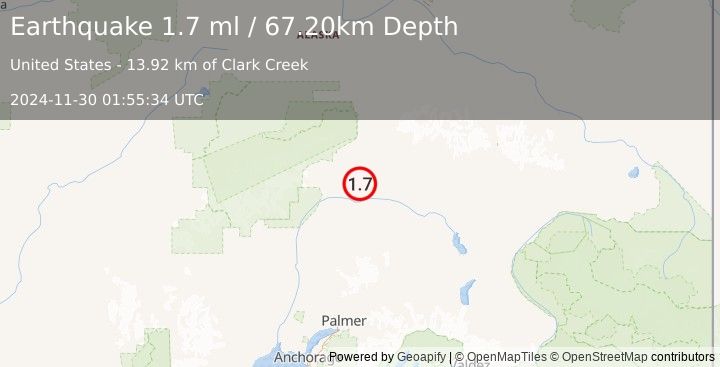 Earthquake 45 km SSE of Cantwell, Alaska (1.7 ml) (2024-11-30 01:55:34 UTC)