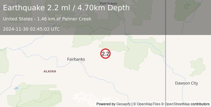 Earthquake 66 km ENE of Pleasant Valley, Alaska (2.2 ml) (2024-11-30 02:45:02 UTC)