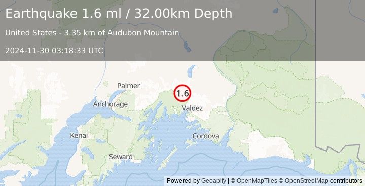 Earthquake 41 km NNW of Valdez, Alaska (1.6 ml) (2024-11-30 03:18:33 UTC)