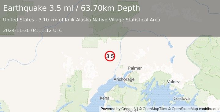 Earthquake 25 km E of Skwentna, Alaska (3.5 ml) (2024-11-30 04:11:12 UTC)