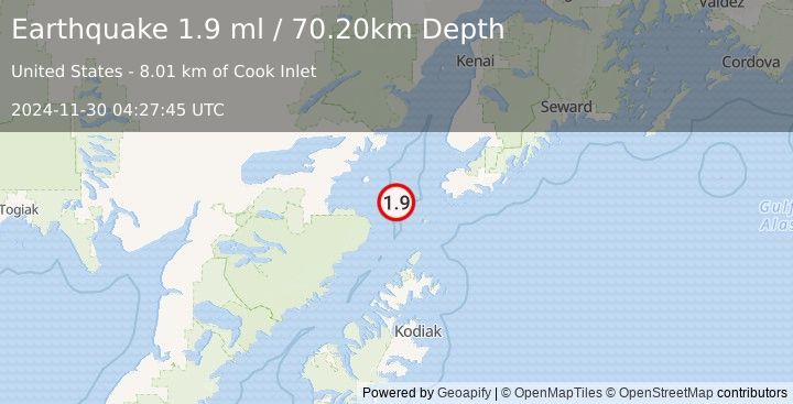 Earthquake 57 km WSW of Nanwalek, Alaska (1.9 ml) (2024-11-30 04:27:45 UTC)