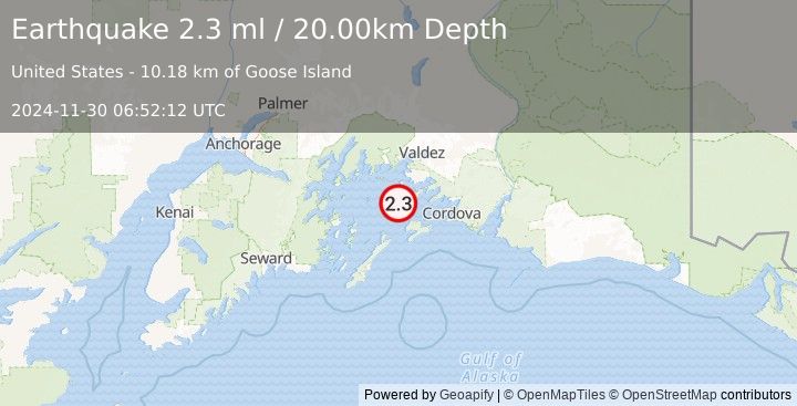 Earthquake 26 km SSW of Tatitlek, Alaska (2.3 ml) (2024-11-30 06:52:12 UTC)