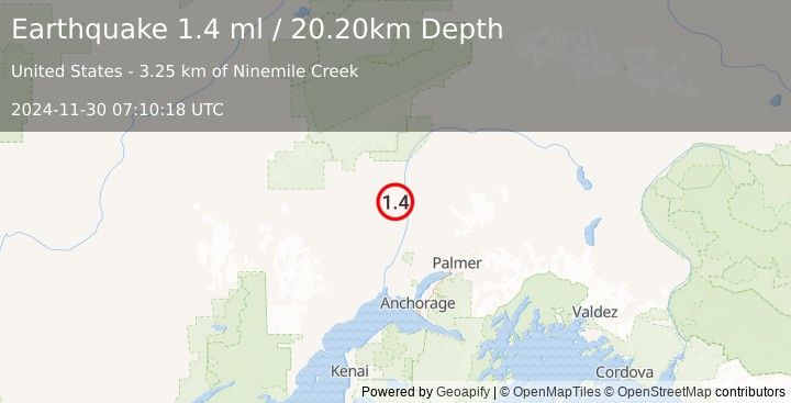 Earthquake 16 km SSW of Trapper Creek, Alaska (1.4 ml) (2024-11-30 07:10:18 UTC)