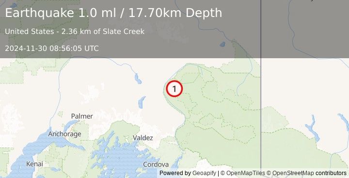 Earthquake 24 km SE of Gakona, Alaska (1.0 ml) (2024-11-30 08:56:05 UTC)