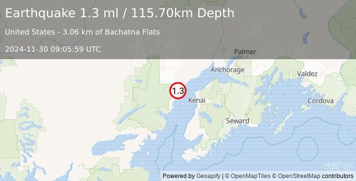 Earthquake 44 km W of Nikiski, Alaska (1.3 ml) (2024-11-30 09:05:59 UTC)