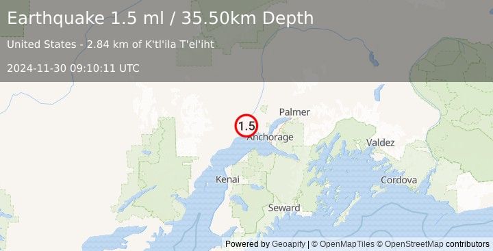 Earthquake 18 km SSW of Susitna, Alaska (1.5 ml) (2024-11-30 09:10:11 UTC)