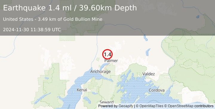 Earthquake 10 km NW of Fishhook, Alaska (1.4 ml) (2024-11-30 11:38:59 UTC)