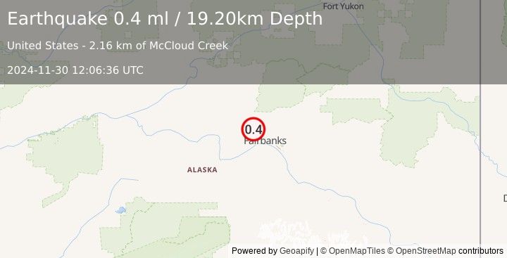 Earthquake 15 km N of Ester, Alaska (0.4 ml) (2024-11-30 12:06:36 UTC)