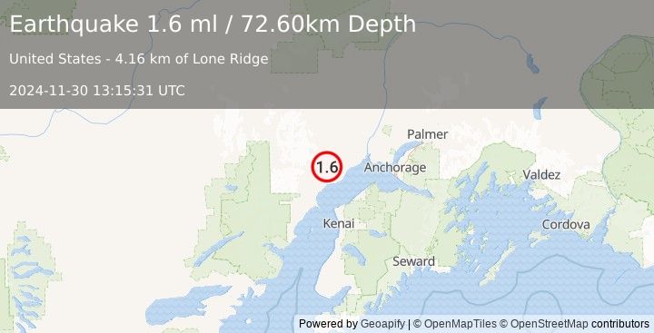 Earthquake 26 km WNW of Beluga, Alaska (1.6 ml) (2024-11-30 13:15:31 UTC)