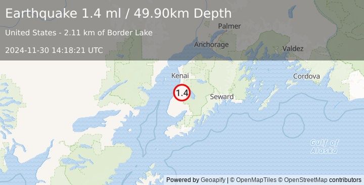 Earthquake 13 km ESE of Clam Gulch, Alaska (1.4 ml) (2024-11-30 14:18:21 UTC)