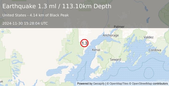 Earthquake 60 km WNW of Nikiski, Alaska (1.3 ml) (2024-11-30 15:28:04 UTC)