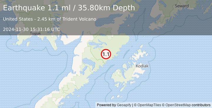 Earthquake 85 km NNW of Karluk, Alaska (1.1 ml) (2024-11-30 15:31:16 UTC)