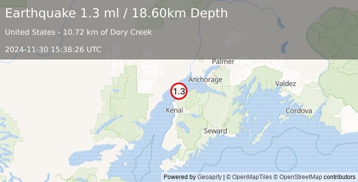 Earthquake 12 km SSE of Tyonek, Alaska (1.3 ml) (2024-11-30 15:38:26 UTC)